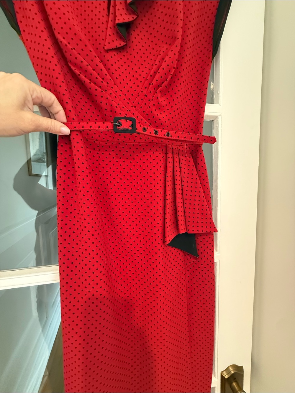 Stop Staring! Red Black Polka Dot Pinup Wiggle Pencil Dress Belted Sz Small - Picture 3 of 10